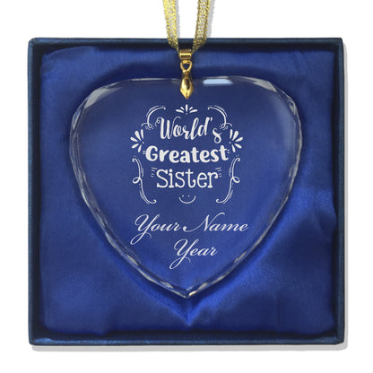 LaserGram Christmas Ornament, World's Greatest Sister, Personalized Engraving Included (Heart Shape)