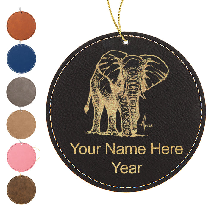 LaserGram Christmas Ornament, African Elephant, Personalized Engraving Included (Faux Leather, Round Shape)