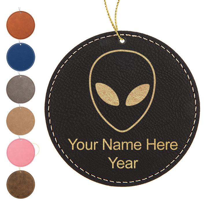 LaserGram Christmas Ornament, Alien Head, Personalized Engraving Included (Faux Leather, Round Shape)