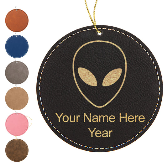 LaserGram Christmas Ornament, Alien Head, Personalized Engraving Included (Faux Leather, Round Shape)