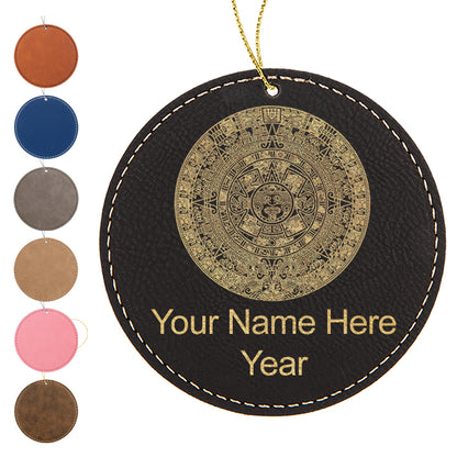 LaserGram Christmas Ornament, Aztec Calendar, Personalized Engraving Included (Faux Leather, Round Shape)