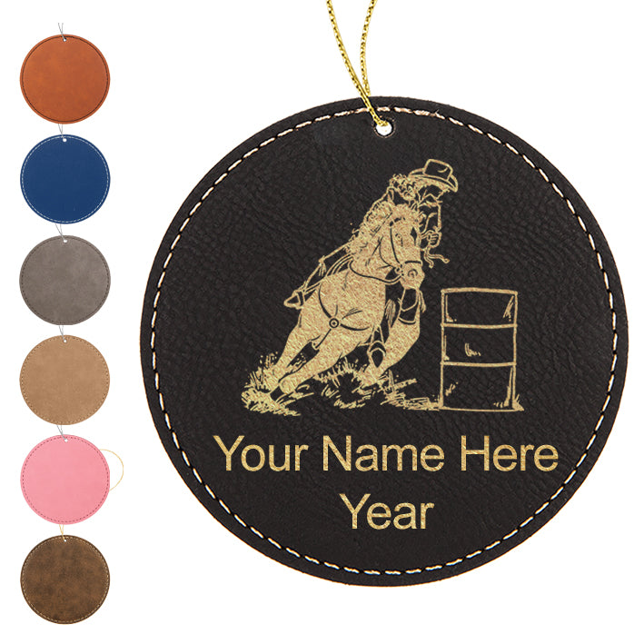 LaserGram Christmas Ornament, Barrel Racer, Personalized Engraving Included (Faux Leather, Round Shape)