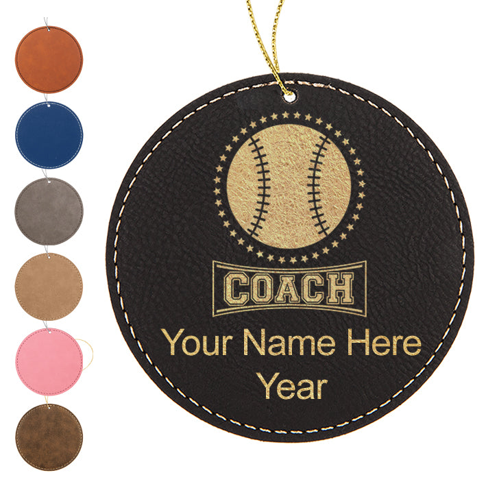 LaserGram Christmas Ornament, Baseball Coach, Personalized Engraving Included (Faux Leather, Round Shape)