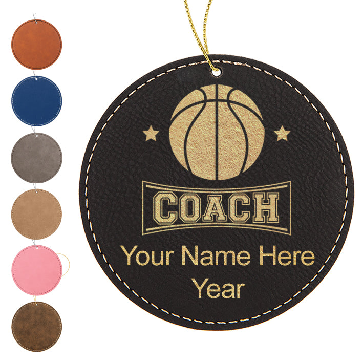 LaserGram Christmas Ornament, Basketball Coach, Personalized Engraving Included (Faux Leather, Round Shape)