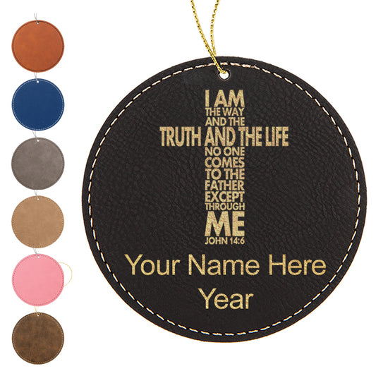 LaserGram Christmas Ornament, Bible Verse John 14-6, Personalized Engraving Included (Faux Leather, Round Shape)