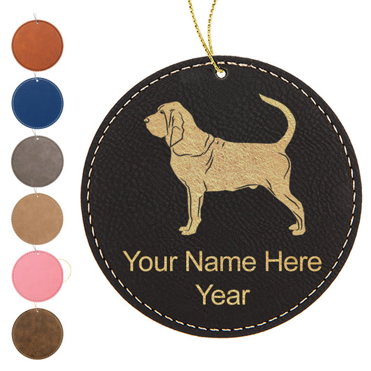 LaserGram Christmas Ornament, Bloodhound Dog, Personalized Engraving Included (Faux Leather, Round Shape)