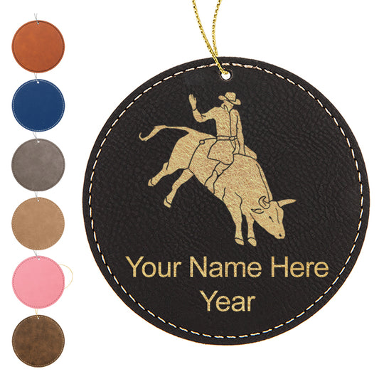 LaserGram Christmas Ornament, Bull Rider Cowboy, Personalized Engraving Included (Faux Leather, Round Shape)