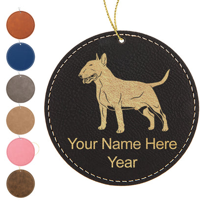 LaserGram Christmas Ornament, Bull Terrier Dog, Personalized Engraving Included (Faux Leather, Round Shape)