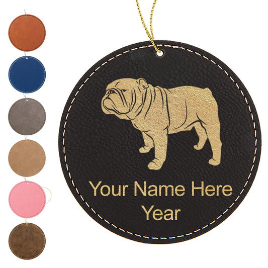 LaserGram Christmas Ornament, Bulldog Dog, Personalized Engraving Included (Faux Leather, Round Shape)