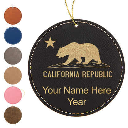 LaserGram Christmas Ornament, California Republic Bear Flag, Personalized Engraving Included (Faux Leather, Round Shape)