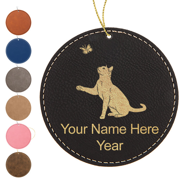 LaserGram Christmas Ornament, Cat with Butterfly, Personalized Engraving Included (Faux Leather, Round Shape)