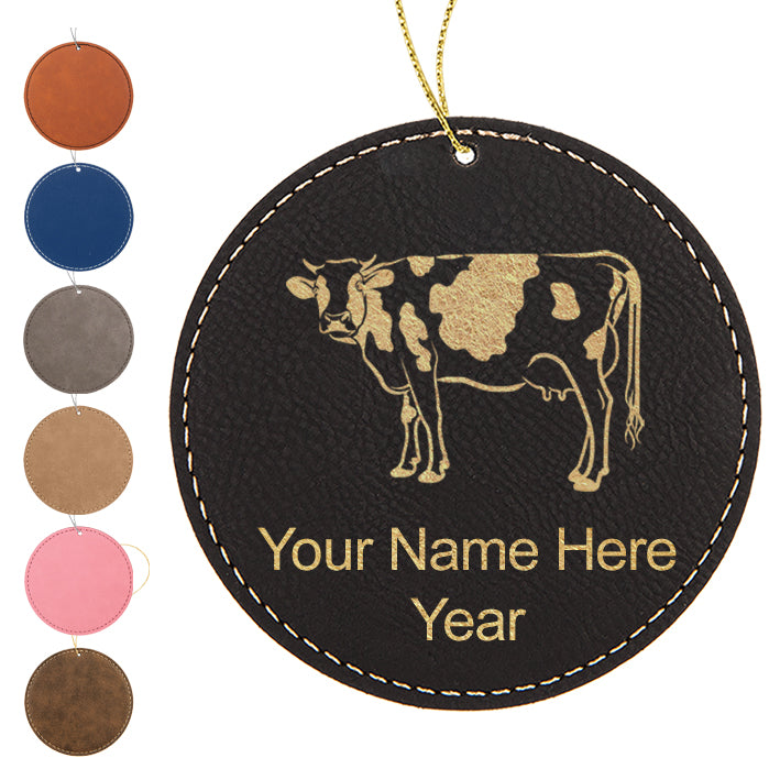 LaserGram Christmas Ornament, Cow, Personalized Engraving Included (Faux Leather, Round Shape)