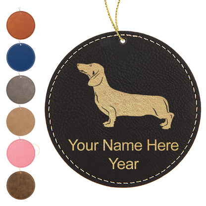 LaserGram Christmas Ornament, Dachshund Dog, Personalized Engraving Included (Faux Leather, Round Shape)