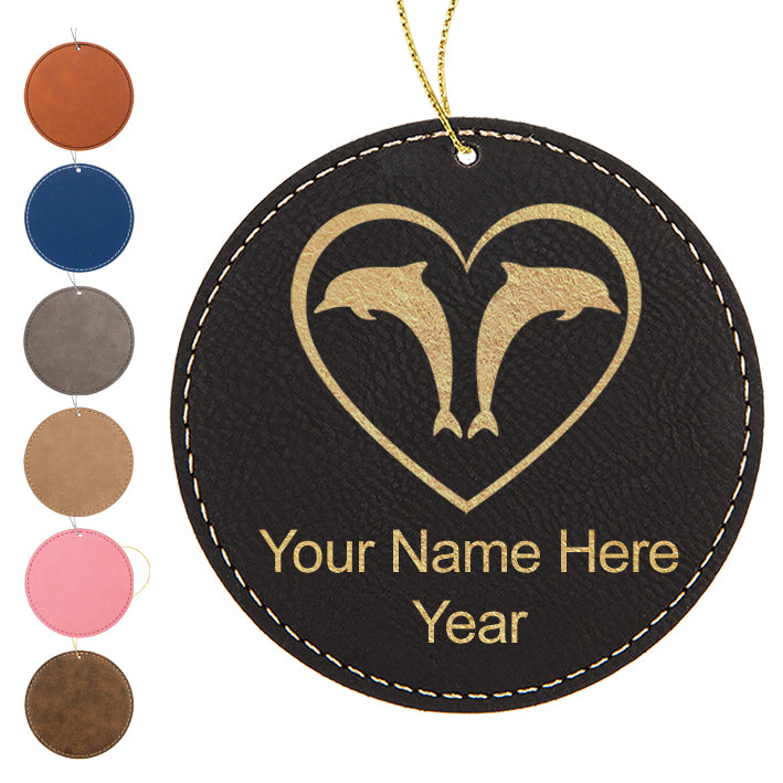 LaserGram Christmas Ornament, Dolphin Heart, Personalized Engraving Included (Faux Leather, Round Shape)