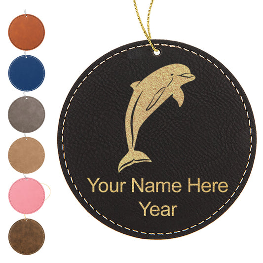 LaserGram Christmas Ornament, Dolphin, Personalized Engraving Included (Faux Leather, Round Shape)