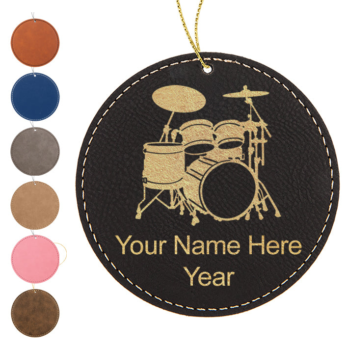 LaserGram Christmas Ornament, Drum Set, Personalized Engraving Included (Faux Leather, Round Shape)