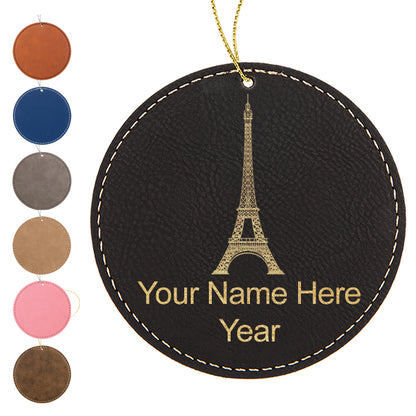 LaserGram Christmas Ornament, Eiffel Tower, Personalized Engraving Included (Faux Leather, Round Shape)