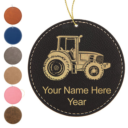 LaserGram Christmas Ornament, Farm Tractor, Personalized Engraving Included (Faux Leather, Round Shape)