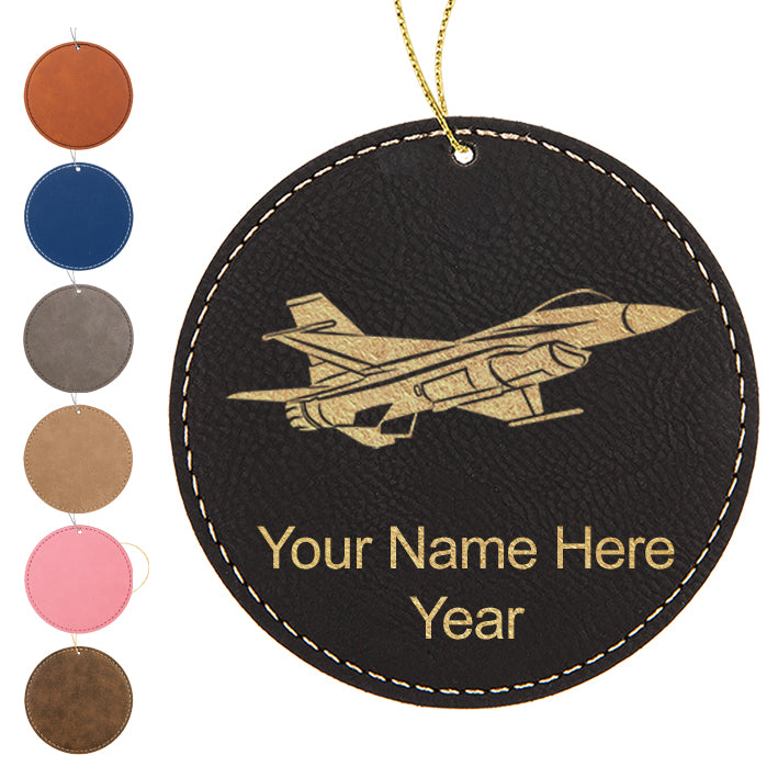 LaserGram Christmas Ornament, Fighter Jet 1, Personalized Engraving Included (Faux Leather, Round Shape)