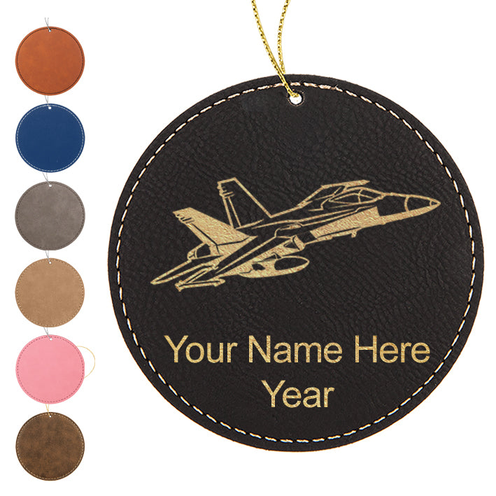 LaserGram Christmas Ornament, Fighter Jet 2, Personalized Engraving Included (Faux Leather, Round Shape)