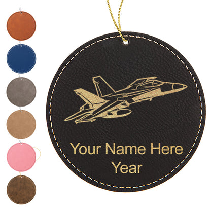 LaserGram Christmas Ornament, Fighter Jet 2, Personalized Engraving Included (Faux Leather, Round Shape)