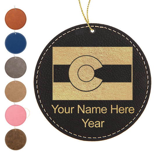 LaserGram Christmas Ornament, Flag of Colorado, Personalized Engraving Included (Faux Leather, Round Shape)