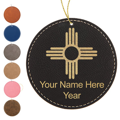 LaserGram Christmas Ornament, Flag of New Mexico, Personalized Engraving Included (Faux Leather, Round Shape)