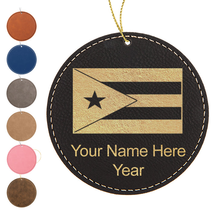 LaserGram Christmas Ornament, Flag of Puerto Rico, Personalized Engraving Included (Faux Leather, Round Shape)