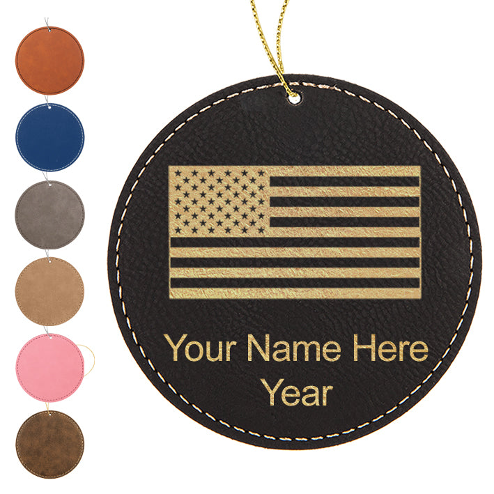 LaserGram Christmas Ornament, Flag of the United States, Personalized Engraving Included (Faux Leather, Round Shape)