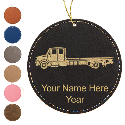 LaserGram Christmas Ornament, Flat Bed Tow Truck, Personalized Engraving Included (Faux Leather, Round Shape)