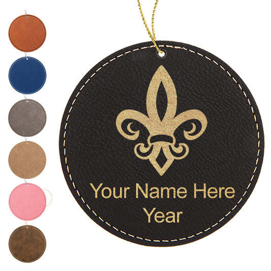 LaserGram Christmas Ornament, Fleur de Lis, Personalized Engraving Included (Faux Leather, Round Shape)