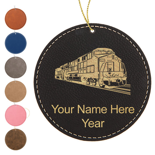 LaserGram Christmas Ornament, Freight Train, Personalized Engraving Included (Faux Leather, Round Shape)