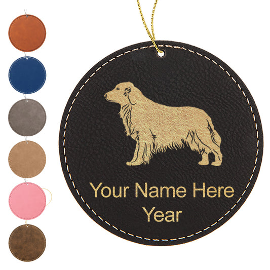 LaserGram Christmas Ornament, Golden Retriever Dog, Personalized Engraving Included (Faux Leather, Round Shape)