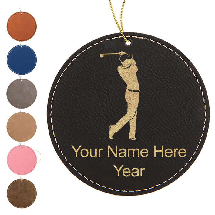 LaserGram Christmas Ornament, Golfer Golfing, Personalized Engraving Included (Faux Leather, Round Shape)