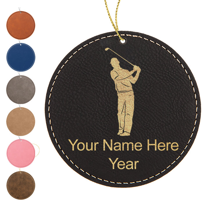 LaserGram Christmas Ornament, Golfer, Personalized Engraving Included (Faux Leather, Round Shape)