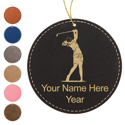 LaserGram Christmas Ornament, Golfer Woman, Personalized Engraving Included (Faux Leather, Round Shape)