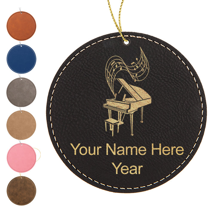 LaserGram Christmas Ornament, Grand Piano, Personalized Engraving Included (Faux Leather, Round Shape)