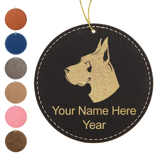 LaserGram Christmas Ornament, Great Dane Dog, Personalized Engraving Included (Faux Leather, Round Shape)