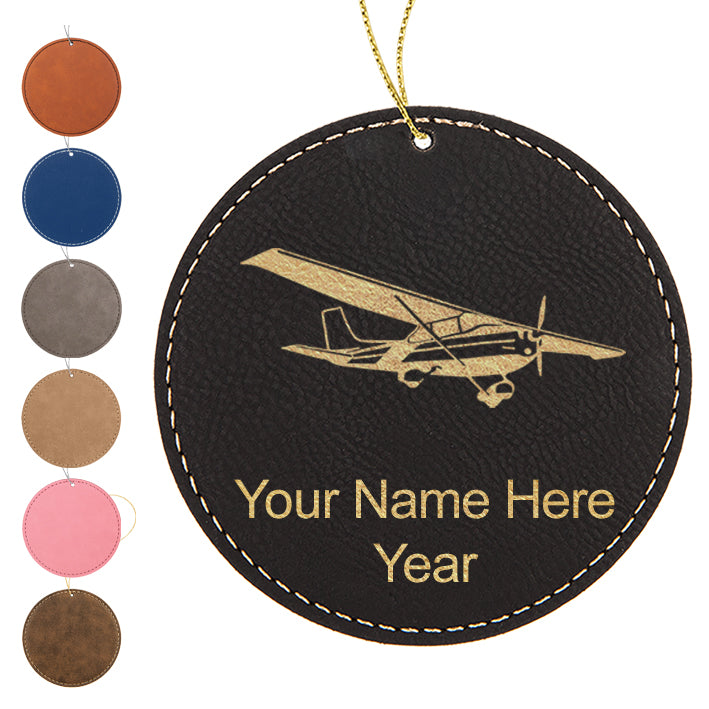 LaserGram Christmas Ornament, High Wing Airplane, Personalized Engraving Included (Faux Leather, Round Shape)