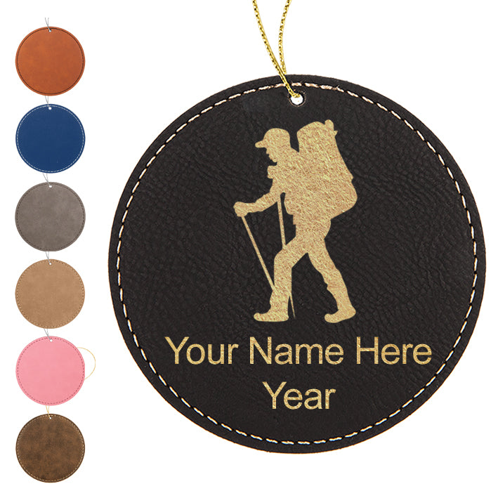 LaserGram Christmas Ornament, Hiker Man, Personalized Engraving Included (Faux Leather, Round Shape)