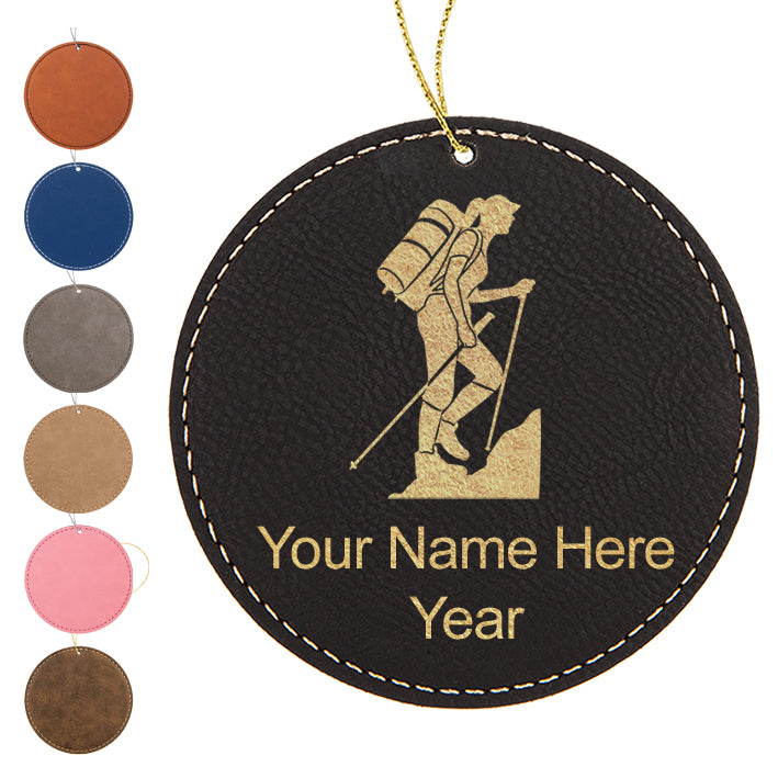 LaserGram Christmas Ornament, Hiker Woman, Personalized Engraving Included (Faux Leather, Round Shape)