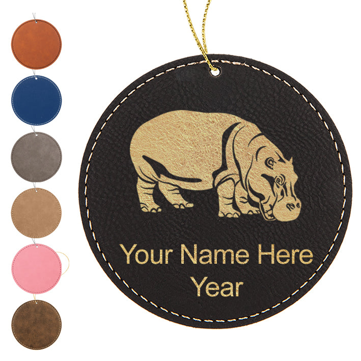 LaserGram Christmas Ornament, Hippopotamus, Personalized Engraving Included (Faux Leather, Round Shape)