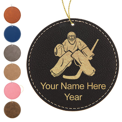 LaserGram Christmas Ornament, Hockey Goalie, Personalized Engraving Included (Faux Leather, Round Shape)