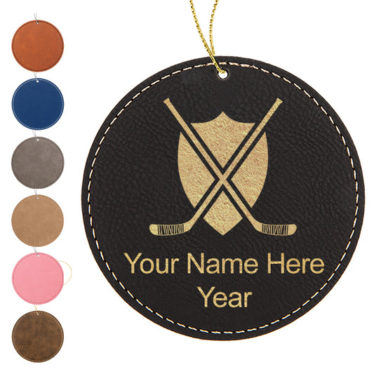 LaserGram Christmas Ornament, Hockey Sticks, Personalized Engraving Included (Faux Leather, Round Shape)