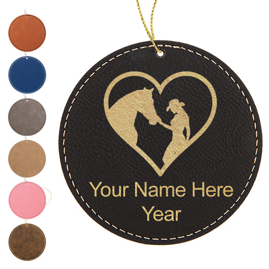 LaserGram Christmas Ornament, Horse Cowgirl Heart, Personalized Engraving Included (Faux Leather, Round Shape)