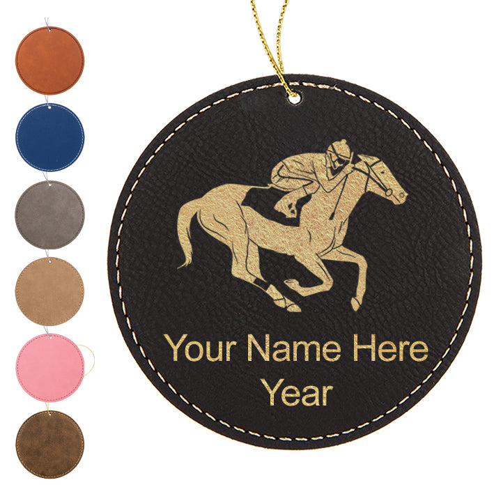 LaserGram Christmas Ornament, Horse Racing, Personalized Engraving Included (Faux Leather, Round Shape)