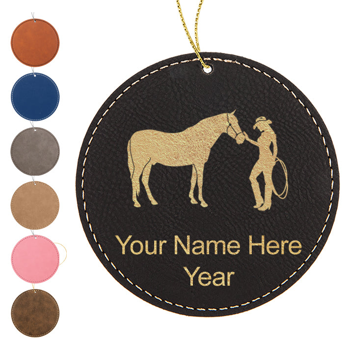 LaserGram Christmas Ornament, Horse and Cowgirl, Personalized Engraving Included (Faux Leather, Round Shape)