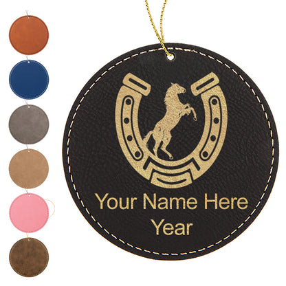 LaserGram Christmas Ornament, Horseshoe with Horse, Personalized Engraving Included (Faux Leather, Round Shape)