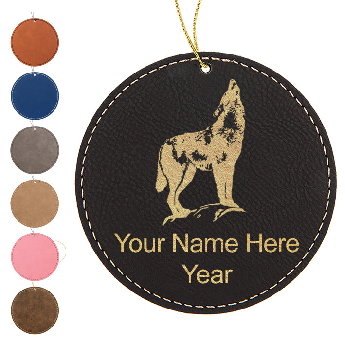 LaserGram Christmas Ornament, Howling Wolf, Personalized Engraving Included (Faux Leather, Round Shape)