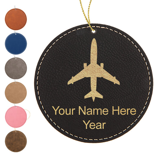 LaserGram Christmas Ornament, Jet Airplane, Personalized Engraving Included (Faux Leather, Round Shape)